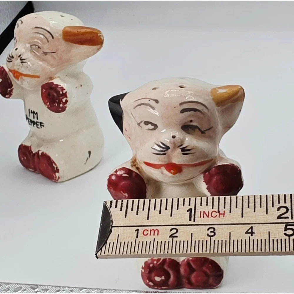 Vintage Japan Winking Puppy Dog Salt and Pepper Shakers Red Boxing Gloves Set